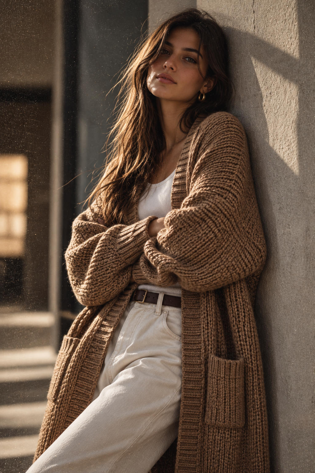 Aurelia – brauner Strickcardigan im warmen Seitenlicht, an einer Steinwand